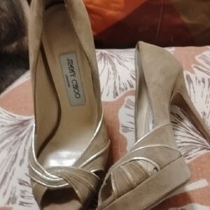 Jimmy Choo Nude Gold Suede Platform Stiletto Heels Sz 39 8.5